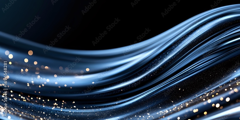 Poster abstract flowing blue waves with glowing golden particles and light trails on dark background create