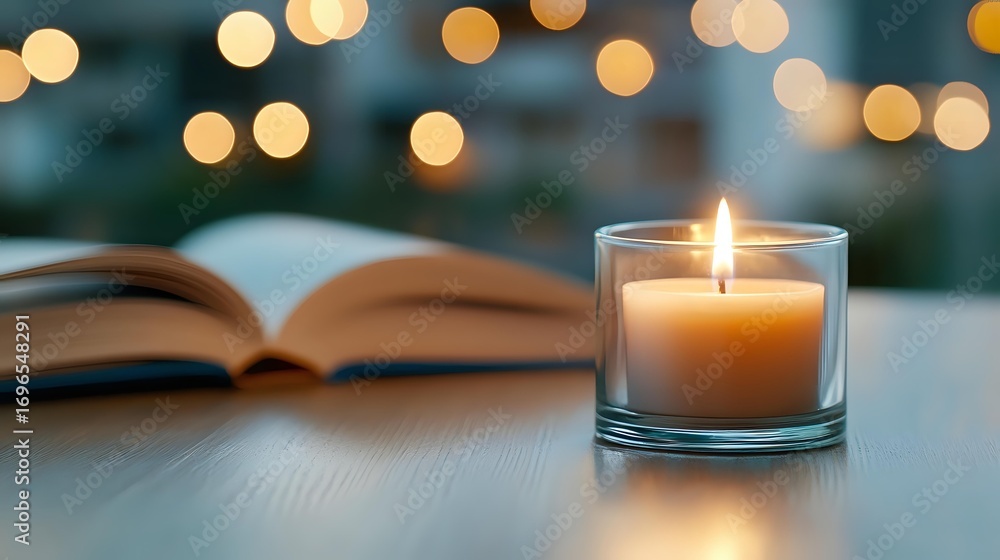 Poster glowing candle in glass holder next to open book on wooden table with soft bokeh lights creating coz