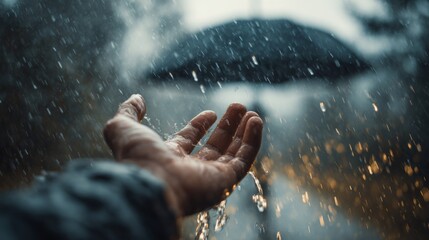 Moody Concept of Hope and Feeling with Hand Extended in Pouring Rain
