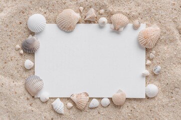 Obraz premium Flat lay of seashells alongside a blank paper card mockup