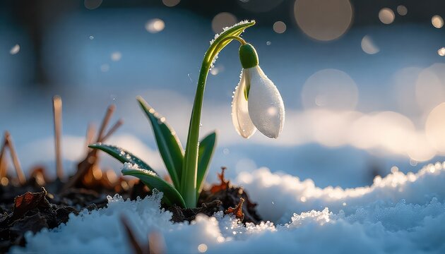 A single snowdrop flower emerging from the snow in early spring with bokeh background and sunlight