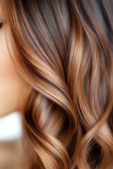 Naklejka premium Close-up of wavy brown hair with caramel balayage highlights showing soft curls and dimensional color blend, suitable for hair salon and beauty advertising.