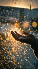 Moody Concept of Hope and Feeling with Hand Extended in Pouring Rain