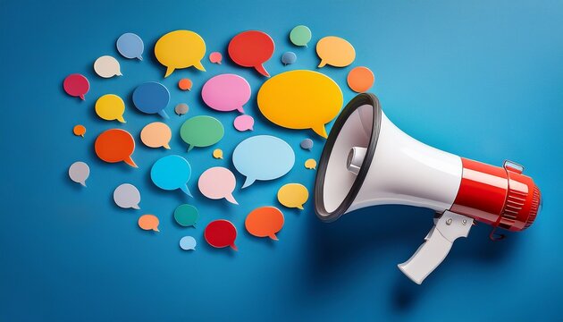 powerful megaphone with an array of colorful speech bubbles of varying shapes and sizes radiating outward on a solid blue background representing the concept of powerful messaging communication