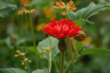 This vibrant red flower, known scientifically as Jungle Geranium or ixoroideae, serves both decorative and nutritional purposes.