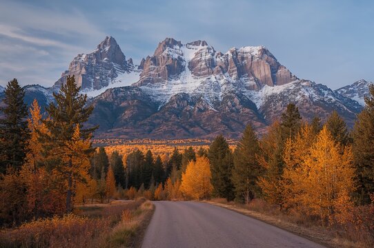 Scenic autumn mountain view with snowy peaks and forest road