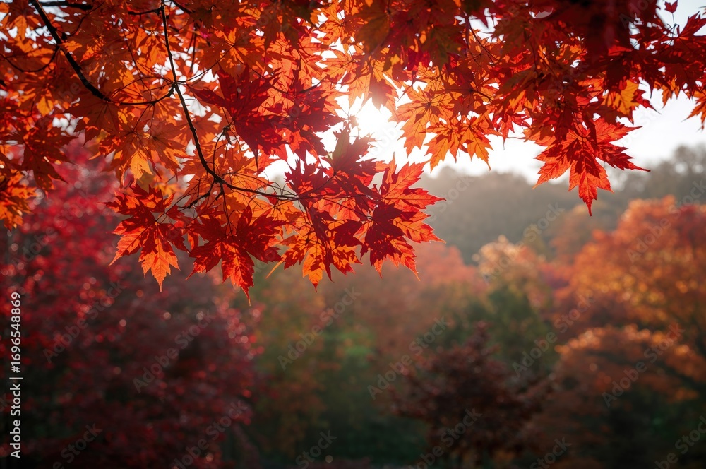 Poster an autumn theme showcasing a maple tree limb adorned with brightly colored foliage, set against a ba