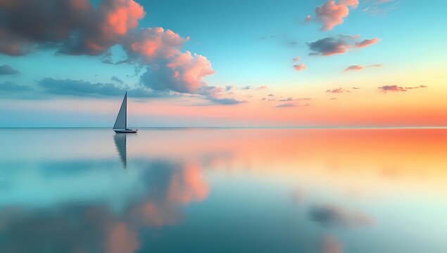 Tranquil seascape with sailboat silhouette against pastel sunset sky, reflecting on calm mirror-like water surface in soft pink and turquoise colors.