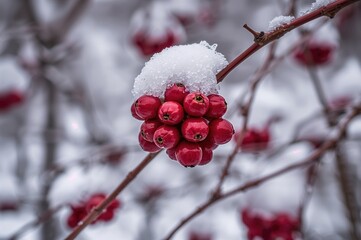 Winter forest scene with frosted red berries and snowy backdrop