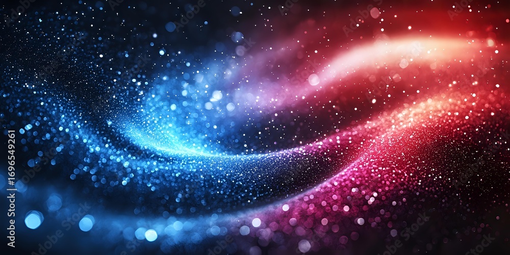 Aufkleber abstract cosmic background with glowing blue and red particles flowing in space creating dynamic wav