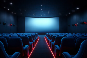 Obraz premium Rows of blue seats facing a large, bright screen in a dark movie theater with red floor lights.