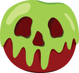 A spooky apple with a skull face design dripping with green liquid, reminiscent of a poisoned fruit.