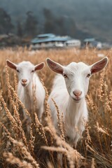 Obraz premium Young white goats in golden autumn field with dry grass and farmhouse in background. Close up portrait of curious baby goats looking at camera.