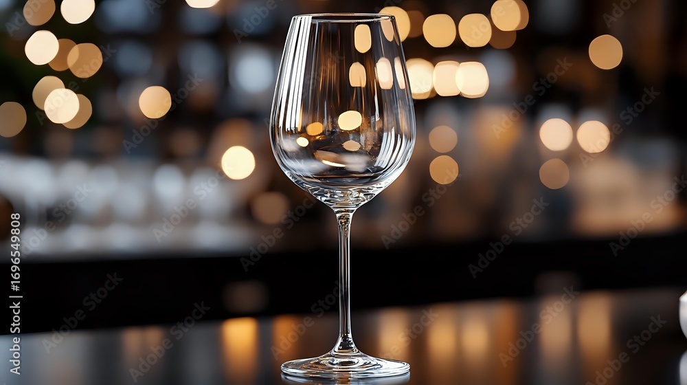 Poster empty wine glass on dark background with golden bokeh lights creating romantic atmosphere for restau