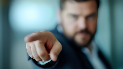 Confident businessman in suit pointing finger directly at camera with determined expression against blurred office background, leadership concept.