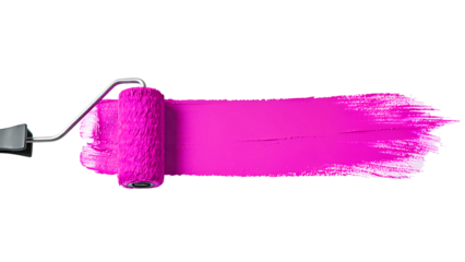A vibrant purple paint roller is applying a thick stripe of paint on a white. PNG transparent. This activity showcases the process of refreshing interior decor during a home improvement effort.