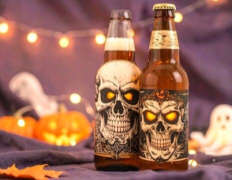 Two glass bottles of beer, featuring glowing skull designs, sit against a backdrop of warm lighting and autumnal decorations. - Powered by Adobe
