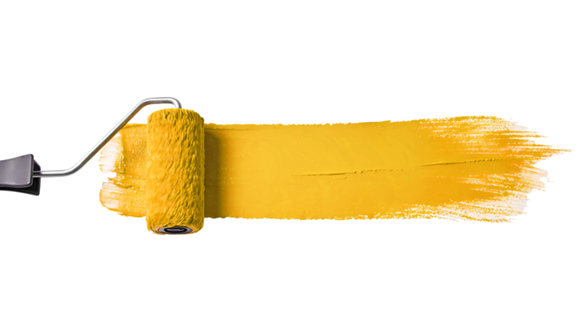 A vibrant yellow paint roller is applying a thick stripe of paint on a white. PNG transparent. This activity showcases the process of refreshing interior decor during a home improvement effort.