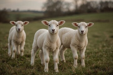 Fototapeta premium Spring evening lambs in a pastoral setting with a soft focus effect.