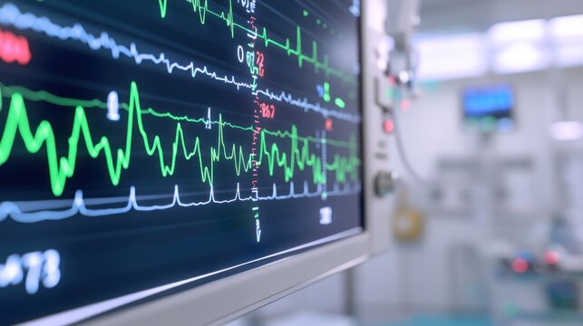 Vital signs monitor displaying waveforms in operating room