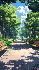 Sunny Pathway in a Lush Green Park with Benches and Dappled Shadows