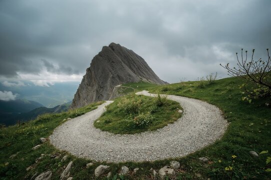 Scenic view of rocky trails on a high mountain with lush greenery and moody clouds