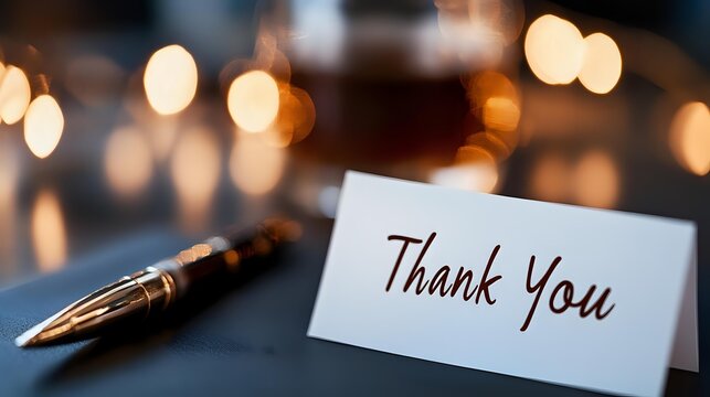 Elegant thank you note card with luxury pen on dark surface against soft bokeh lights background, creating warm and appreciative atmosphere.