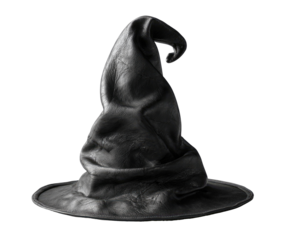 Dark, pointed witch's hat, draped fabric