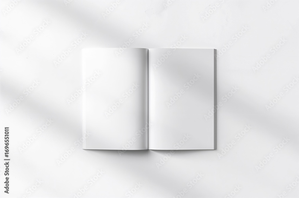 Aufkleber magazine or catalog mock-up displayed on a white surface with a blank page or notepad against a neut