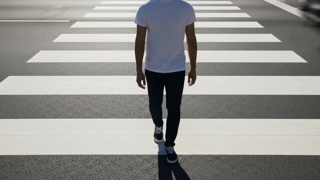 A man walking across a zebra crossing in a white shirt and dark pants.