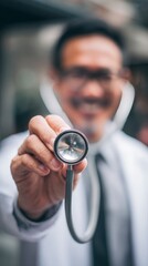 Friendly Healthcare Professional Presenting Stethoscope with Confidence and Trust