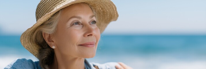 Elderly caucasian female enjoying a sunny day at the beach