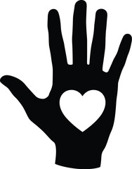 Obraz premium Black silhouette of an open hand with a white heart shape in the palm, symbolizing love and support.