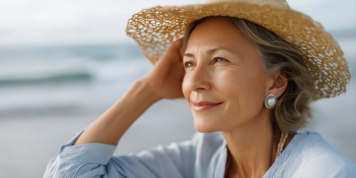 Mature caucasian woman enjoying a beach breeze in straw hat and blue shirt - Powered by Adobe