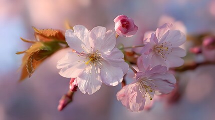 Obraz premium Delicate blossoms of spring in soft pastel hues, showcasing the beauty of cherry blossoms in a close-up view.