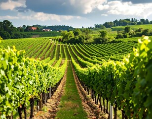 Obraz premium Lush vineyard rows stretch across a sunny landscape, showcasing a vibrant green expanse.