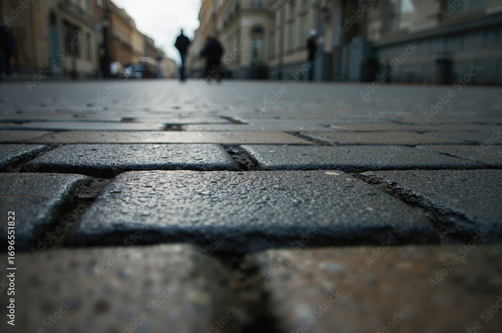 Aufkleber close-up of cobblestone texture with focused tile and blurred square and street in the backdrop. des