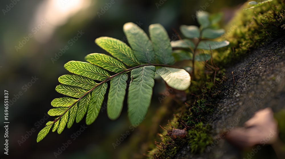 Poster close-up of a delicate fern frond with intricate leaf patterns, bathed in soft sunlight, against a b