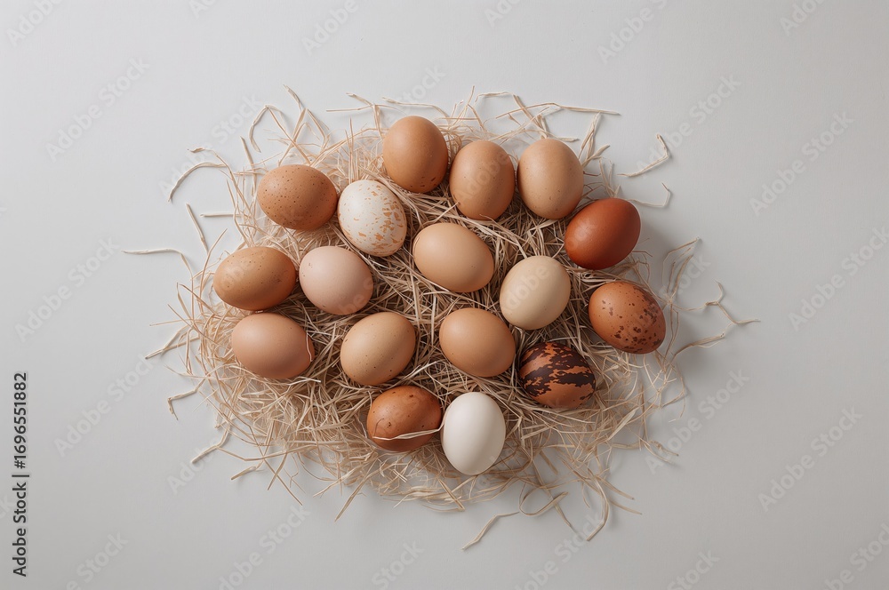 Poster several duck eggs resting on straw with a plain white backdrop