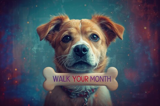 Text about walking your dog month with a bone icon, featuring a close-up of a small pet dog. Digital illustration representing dog care and loyalty. - Powered by Adobe