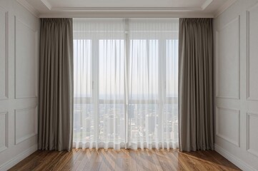Contemporary living space featuring drapes in a 3D rendered design