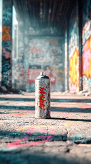 Spray paint can standing on the ground in abandoned urban area