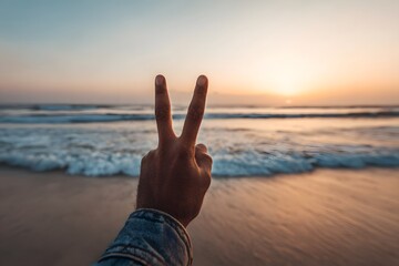 A person’s hand making the peace gesture in front of a calm beach during golden hour, realistic lighting, wide horizon