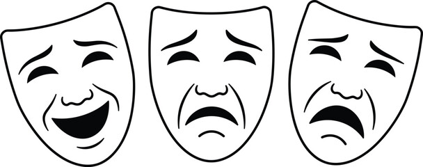 Theater masks illustration, comedy and tragedy symbols, emotional expression vector, dramatic art design, performing arts concept, classic stage icon, minimal style