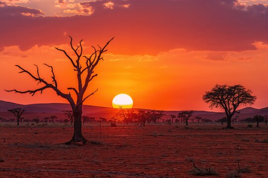 Fototapeta Beautiful dusk scene with a lifeless tree and vivid hues