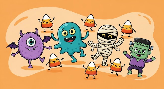 Cartoon illustration featuring a monster, ghost, mummy, Frankenstein, and candy corn characters on orange background, concept for Halloween party invitations, children's books illustration and