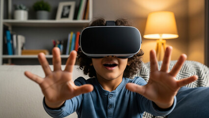 A young boy with curly hair wearing a virtual reality headset reaches out with his hands, immersed in a digital experience at home.