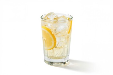 Chilled lemonade served with ice on a plain white surface