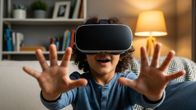 A young boy with curly hair wearing a virtual reality headset reaches out with his hands, immersed in a digital experience at home.