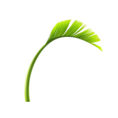 A stylized, vibrant green palm leaf.  The leaf curves gracefully, with a thick stem and finely detailed, segmented fronds